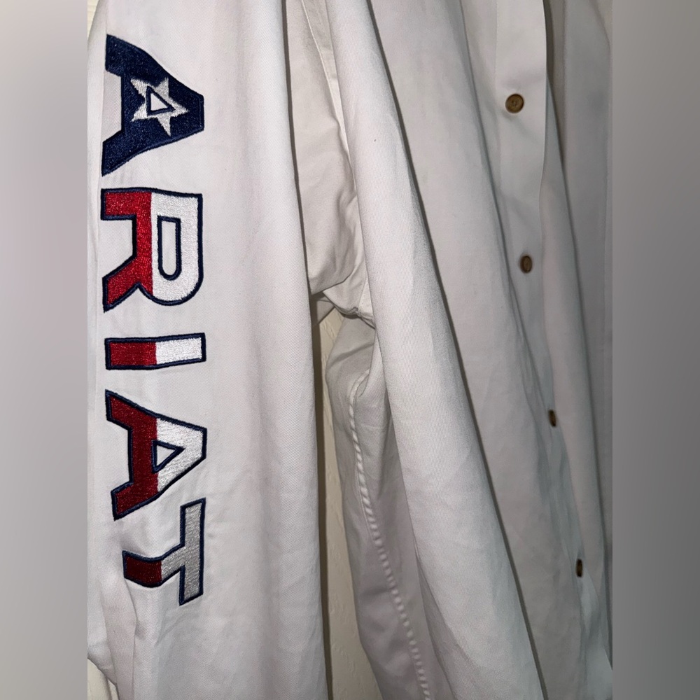 Ariat White Shirt with American Flag Red and Blue Lettering